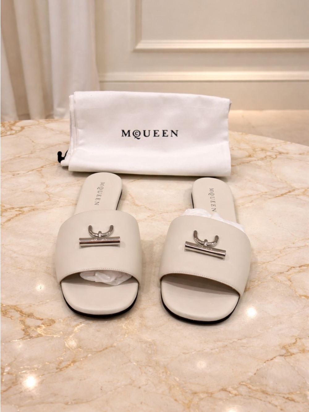 Alexander McQueen White T-bar Slip on Slide Sandals with Silver Accent